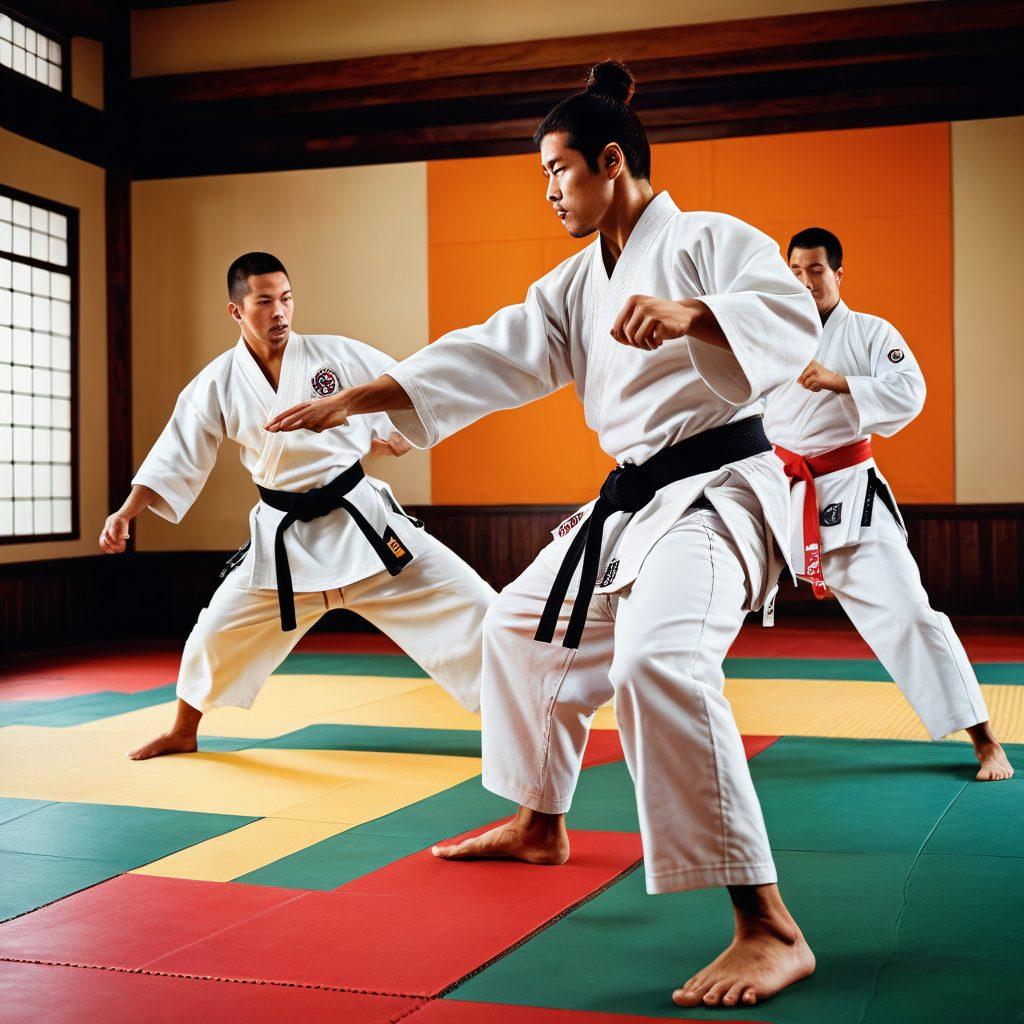 A diverse group of martial artists from various disciplines like karate, kung fu, taekwondo, and jiu-jitsu, performing dynamic moves against a backdrop of traditional dojos and modern training facilities. Some showing self-defense techniques while others demonstrate forms and sparring, all in intense action poses. The scene is vibrant and full of energy, capturing the essence of dedication and discipline. super-realistic. vibrant colors.