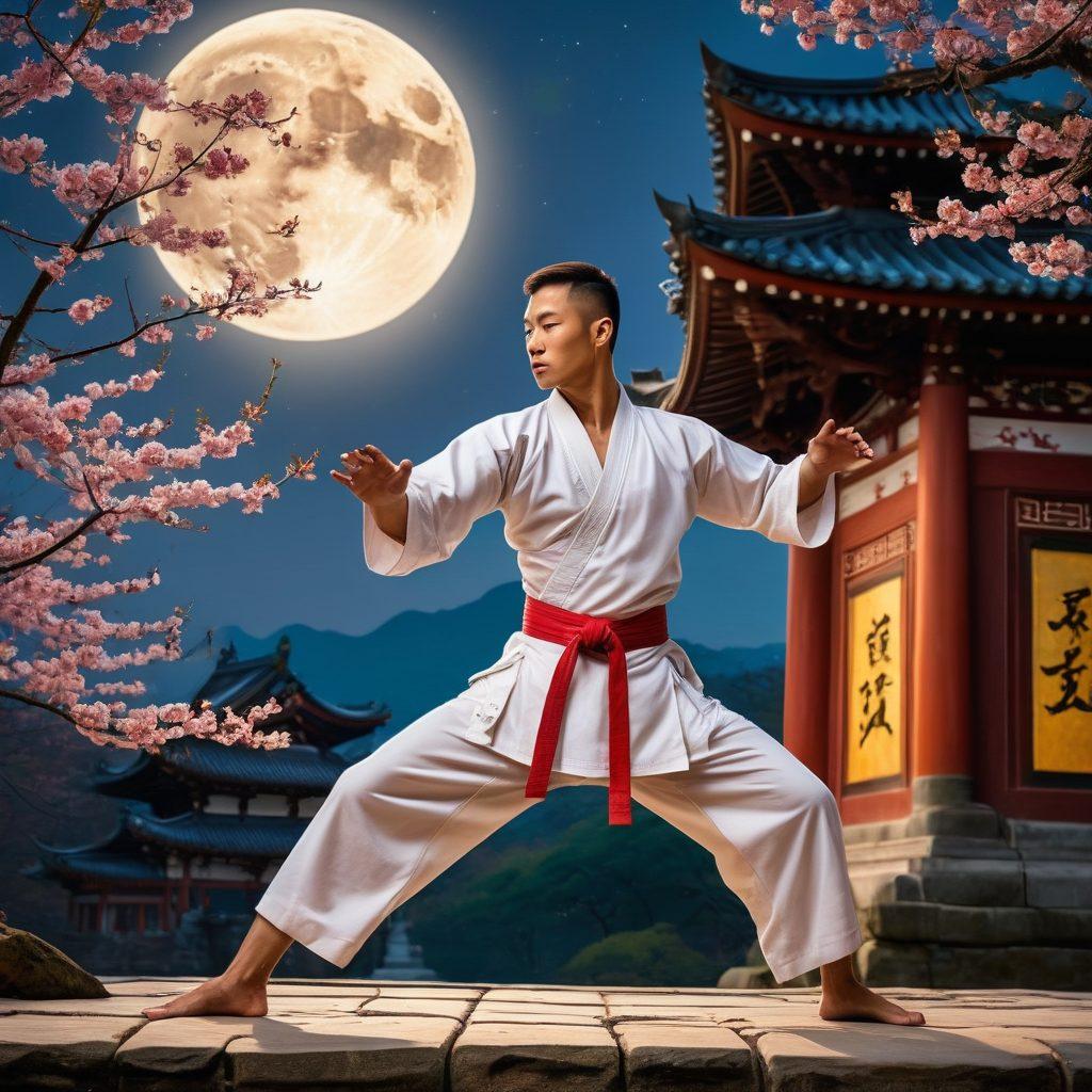 A determined martial artist in traditional attire practicing under a full moon, showcasing fierce concentration. Surrounded by ancient temples and cherry blossom trees, with spirit animals like dragons and tigers subtly shadowing the background, symbolizing strength and grace. The image should evoke serenity and intense dedication. super-realistic. vibrant colors.